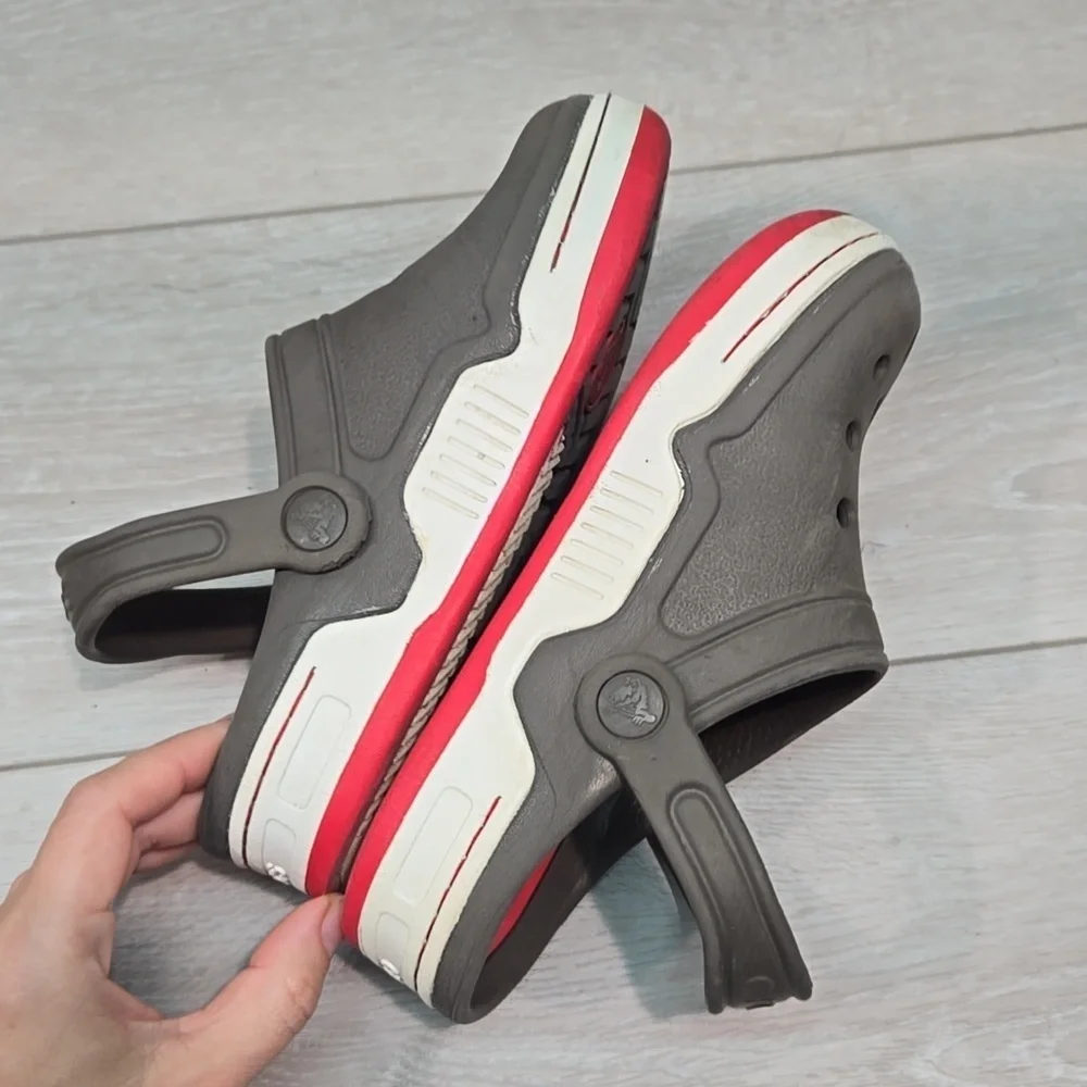 Crocs Kids Gray& Red Clogs Mule Shoes Sz J2